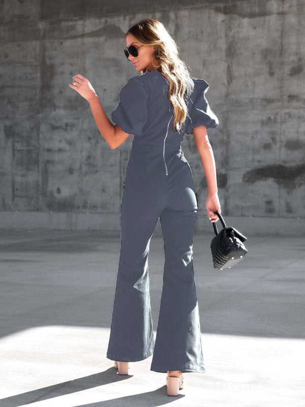 Women's Denim Slim Puff Sleeve Crossover Waist Jumpsuit