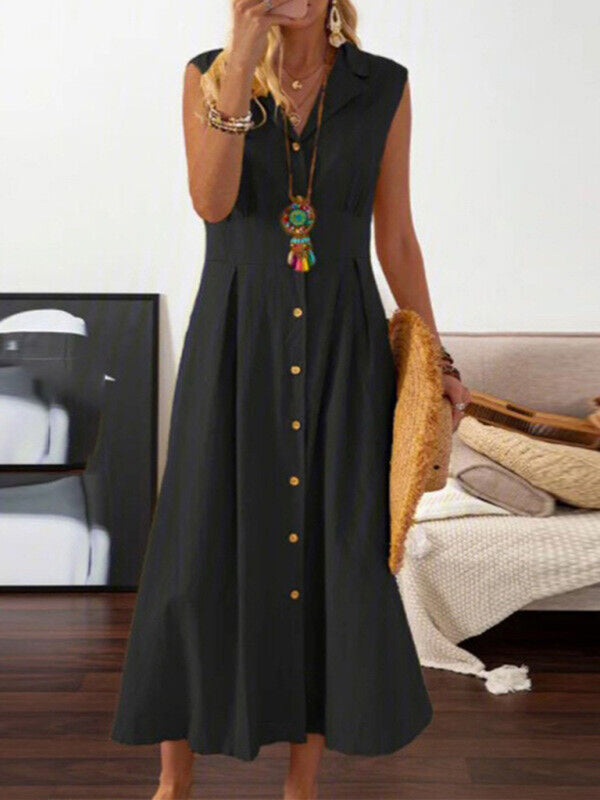 Women's casual lapel collar sleeveless cotton and linen mid-length dress Black