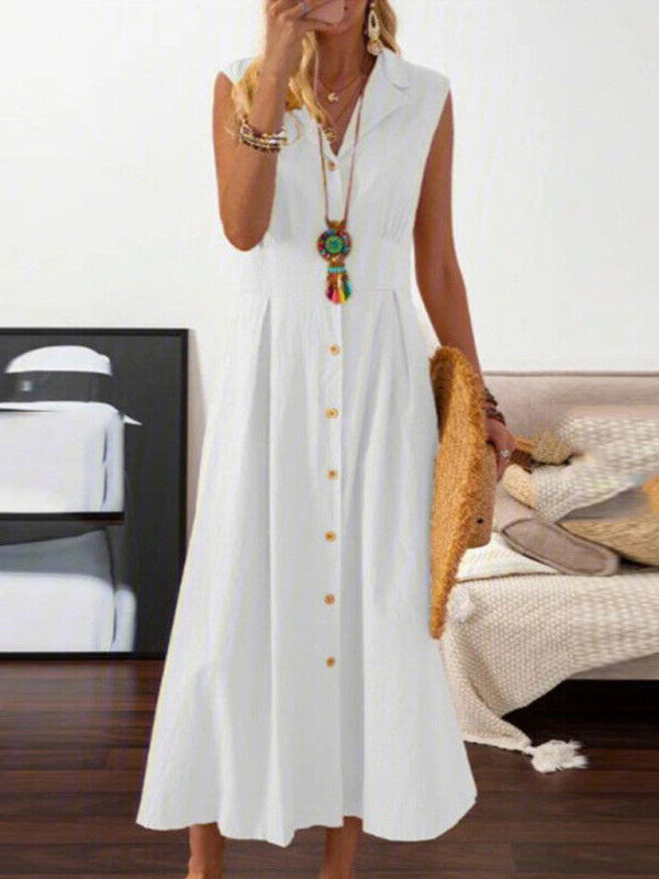 Women's casual lapel collar sleeveless cotton and linen mid-length dress White