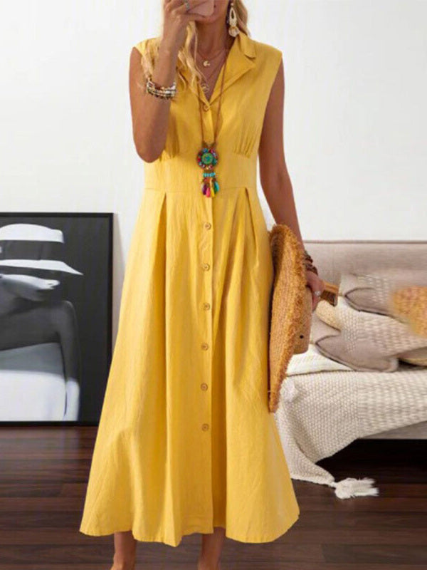 Women's casual lapel collar sleeveless cotton and linen mid-length dress Yellow