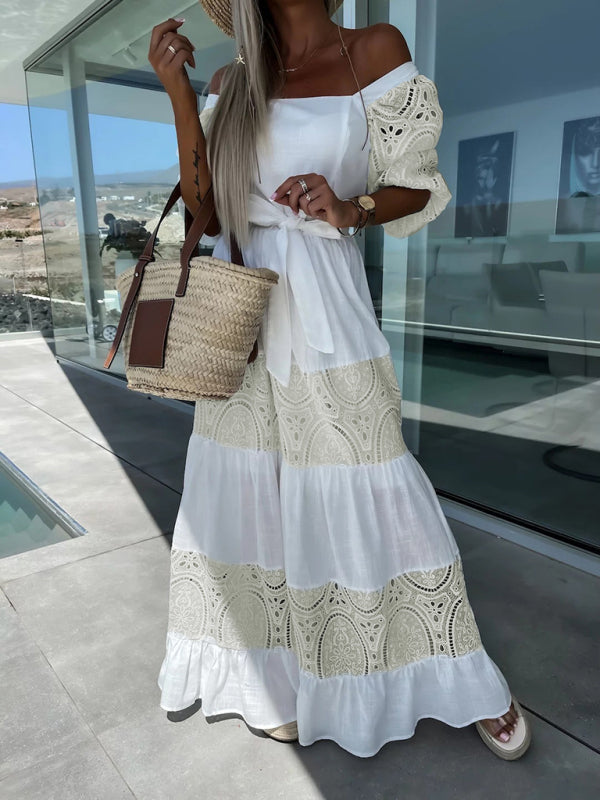 Women's Woven Square Neck Hollow Crochet Mosaic Loose Long Dress White
