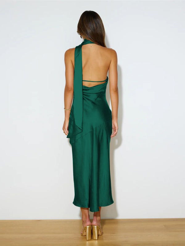 Satin Design Slit Dress Sexy Backless Evening Gown