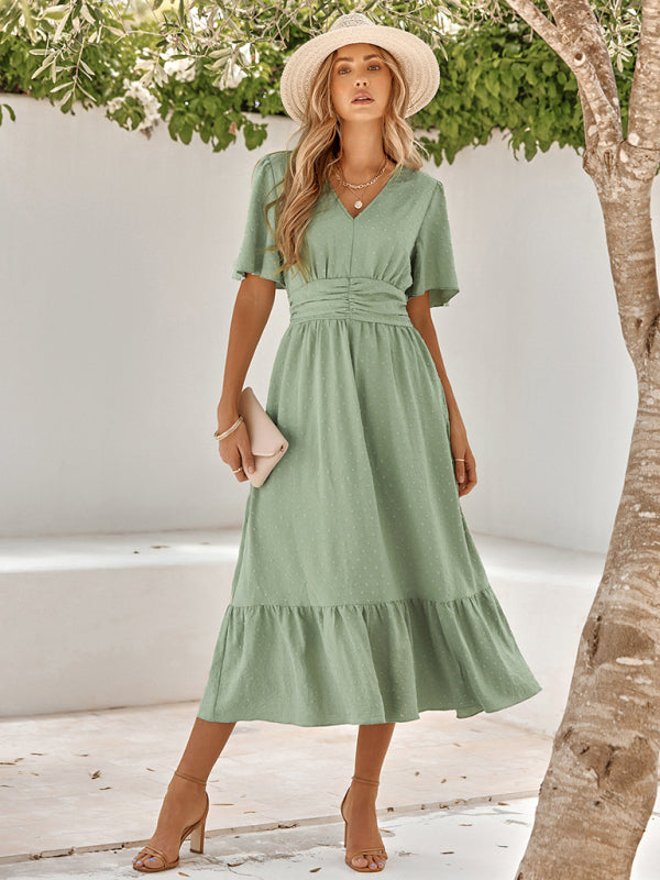 Women's summer new V-neck lotus leaf sleeve solid color dress