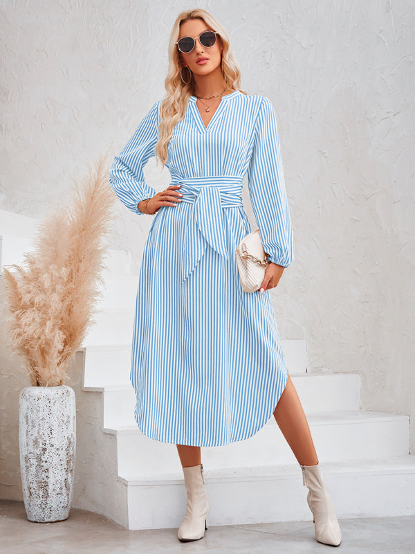 Casual V-neck striped tie waist shirt dress Blue