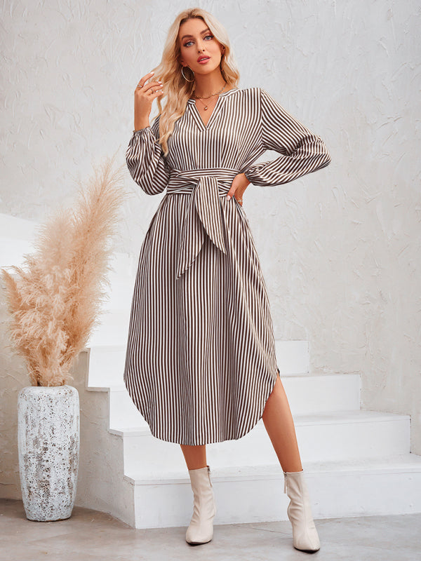 Casual V-neck striped tie waist shirt dress Coffee