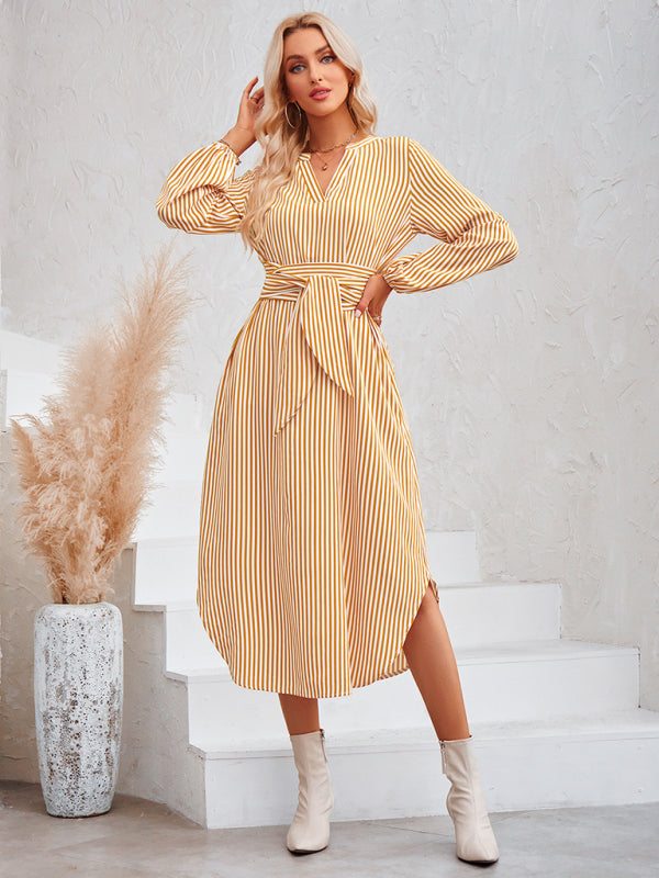 Casual V-neck striped tie waist shirt dress Yellow