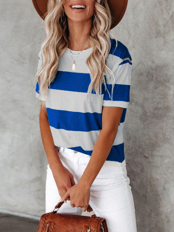 Fashionable blue and white stripe print round neck short-sleeved casual T-shirt Blue