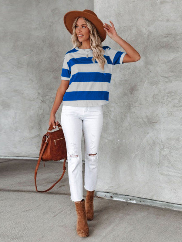 Fashionable blue and white stripe print round neck short-sleeved casual T-shirt