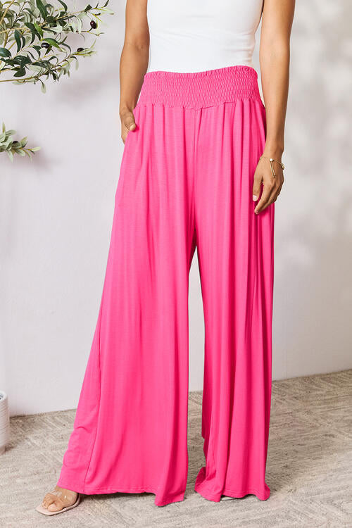 Double Take Full Size Smocked Wide Waistband Wide Leg Pants Hot Pink