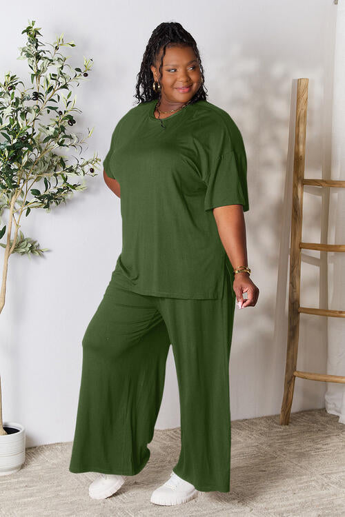 Double Take Full Size Round Neck Slit Top and Pants Set Army Green