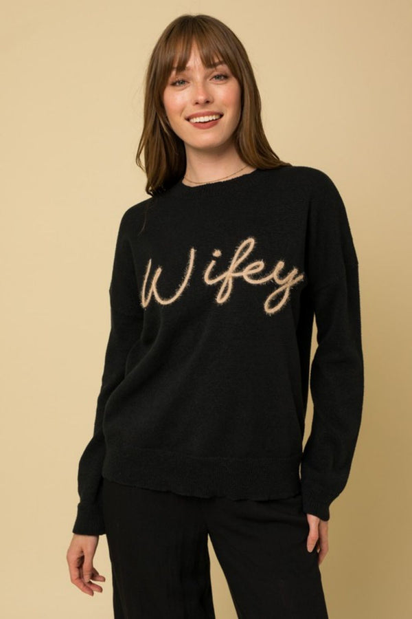 Gilli Full Size WIFEY Graphic Pullover Sweater Black