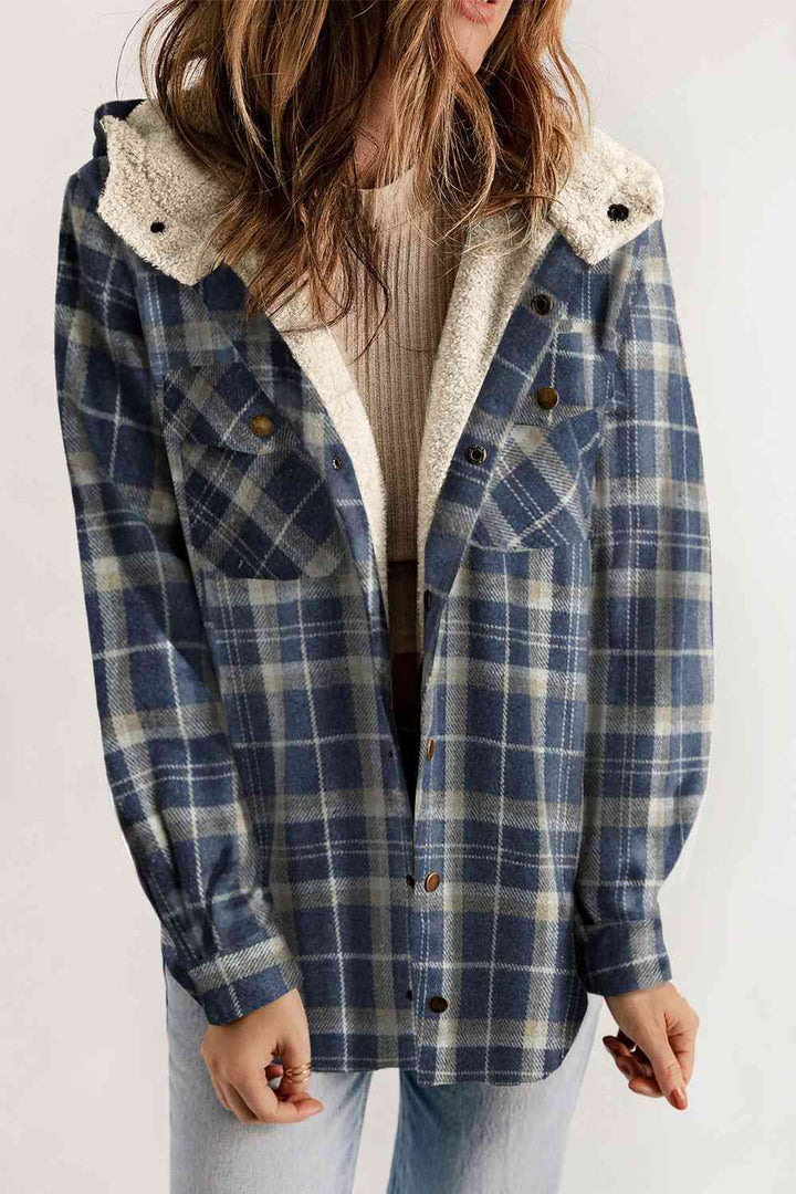 Plaid Snap Down Hooded Jacket Peacock Blue