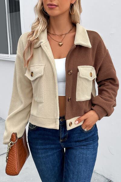 Color Block Pocketed Button Up Jacket Cream