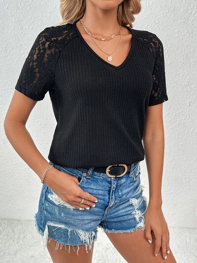 Lace Detail V-Neck Short Sleeve T-Shirt Black