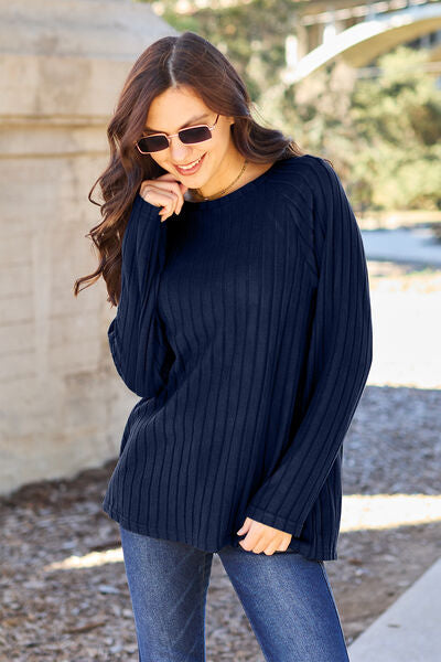 Basic Bae Full Size Ribbed Round Neck Long Sleeve Knit Top Peacock Blue
