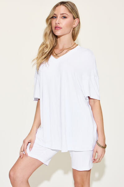 Basic Bae Full Size V-Neck Drop Shoulder Short Sleeve T-Shirt and Shorts Set White
