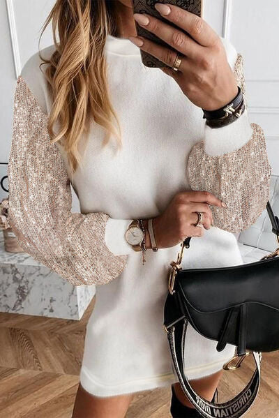 Sequin Long Sleeve Round Neck Mini Dress White