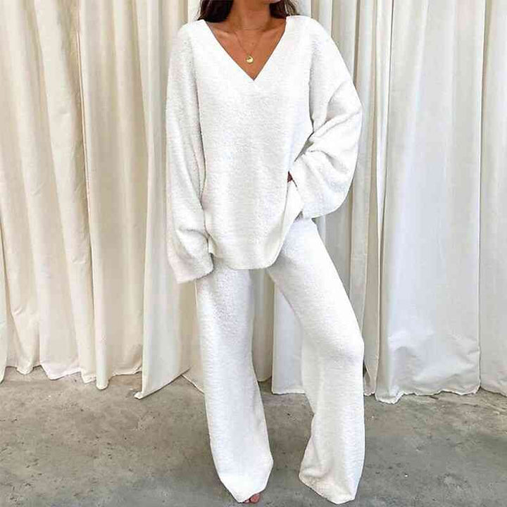 V-Neck Long Sleeve Top and Long Pants Set White