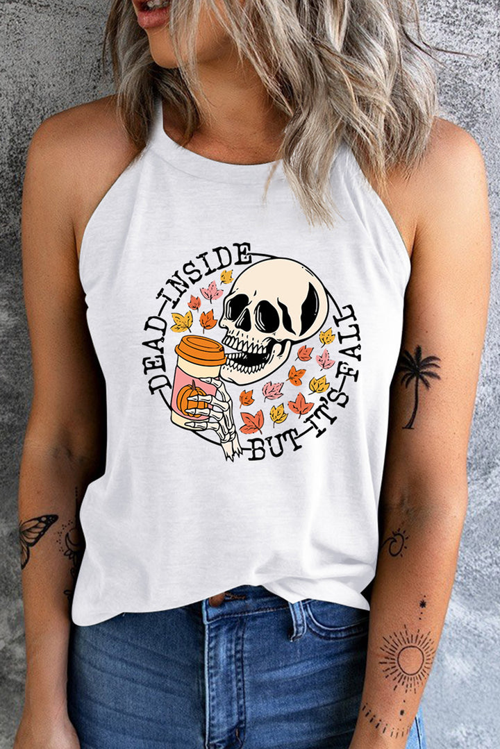Round Neck DEAD INSIDE BUT IT'S FALL Graphic Tank Top White