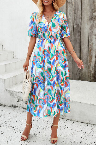 Smocked Printed V-Neck Short Sleeve Dress Multicolor