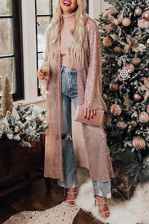 Sequin Open Front Long Sleeve Cardigan Blush Pink