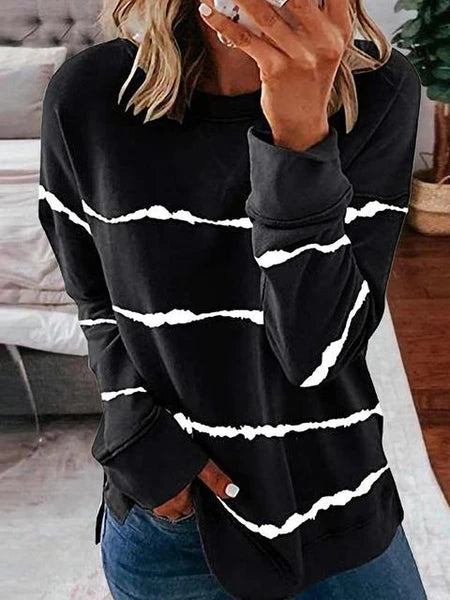 Striped Round Neck Sweatshirt Black