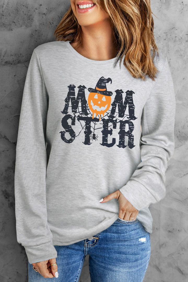 Round Neck Long Sleeve MOMSTER Graphic Sweatshirt Light Gray