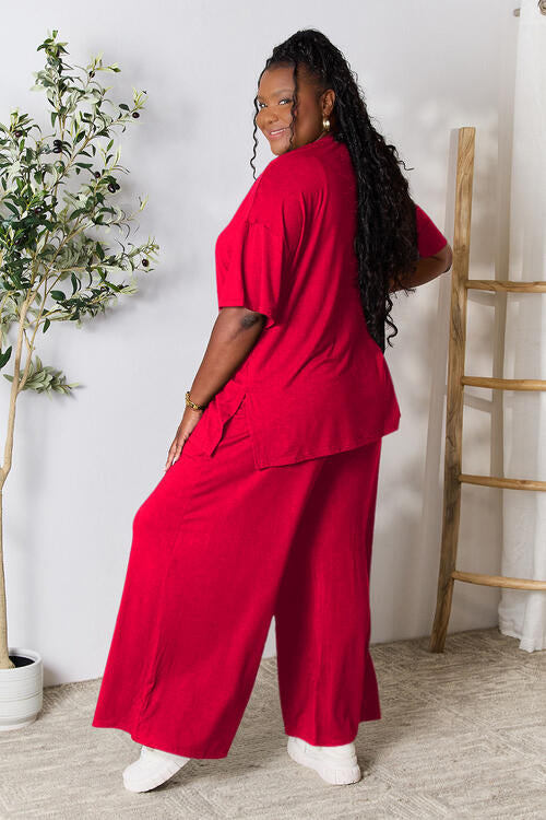 Double Take Full Size Round Neck Slit Top and Pants Set Red
