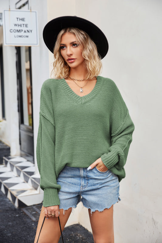 Women's V-neck loose pullover sweater Green