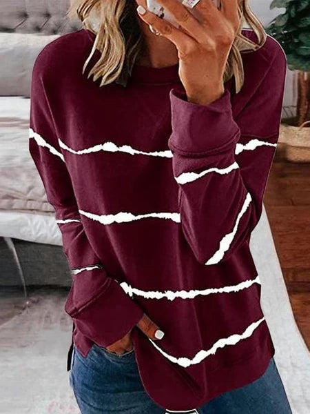 Striped Round Neck Sweatshirt Wine