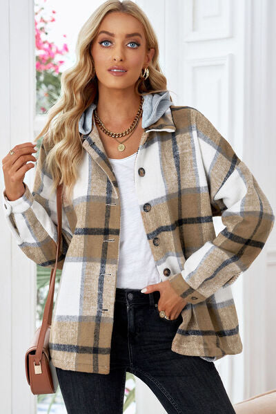 Button Up Plaid Hooded Jacket Sand