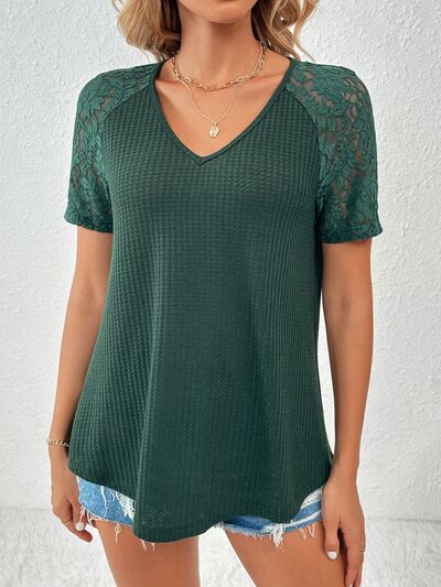 Lace Detail V-Neck Short Sleeve T-Shirt Green