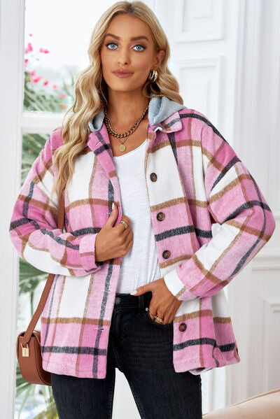 Button Up Plaid Hooded Jacket Blush Pink