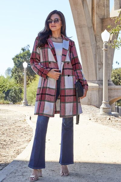 Double Take Full Size Plaid Button Up Lapel Collar Coat Deep Red