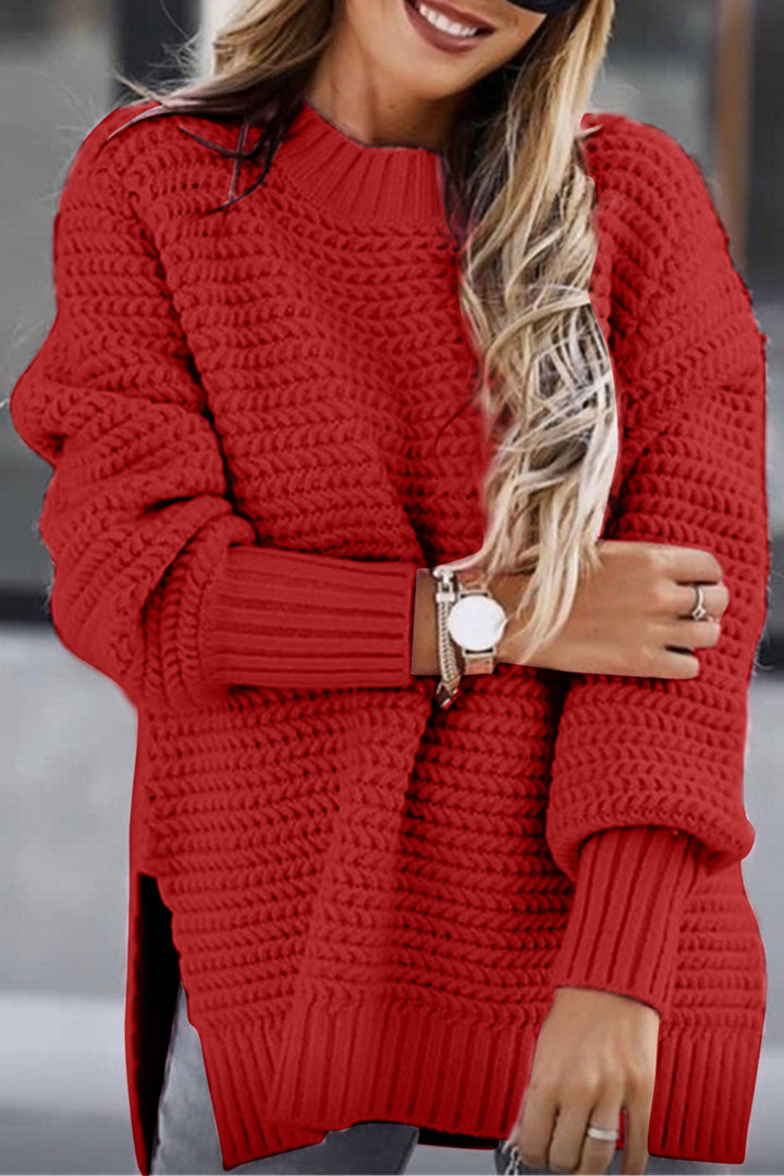Round Neck Slit Sweater Deep Red