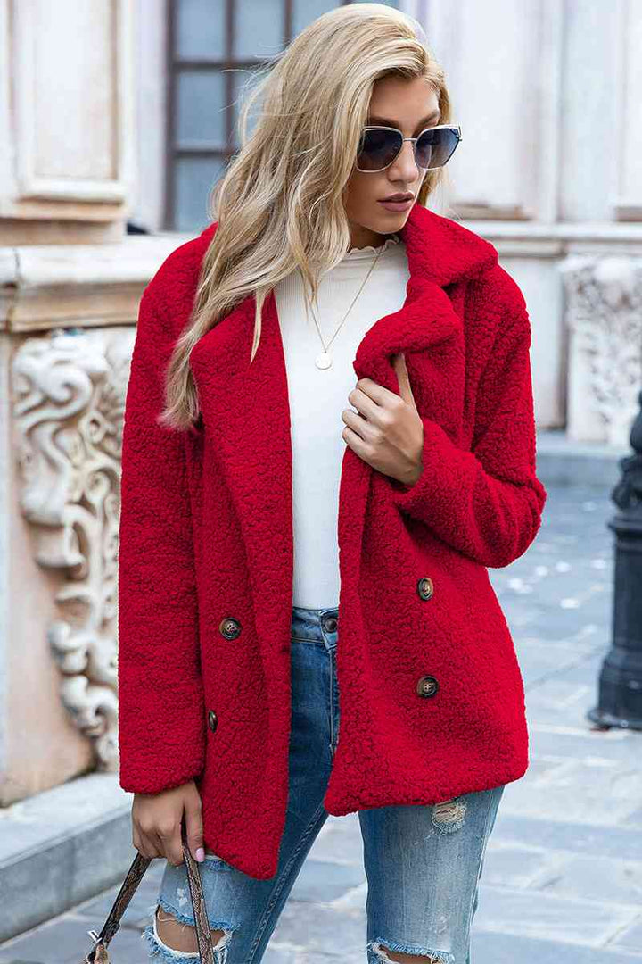 Full Size Lapel Collar Sherpa Coat Deep Red