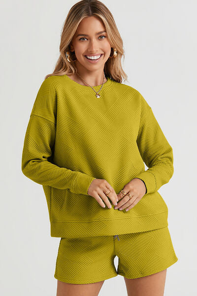 Double Take Full Size Texture Long Sleeve Top and Drawstring Shorts Set Chartreuse