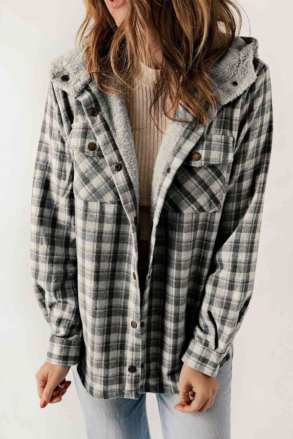 Plaid Snap Down Hooded Jacket Charcoal