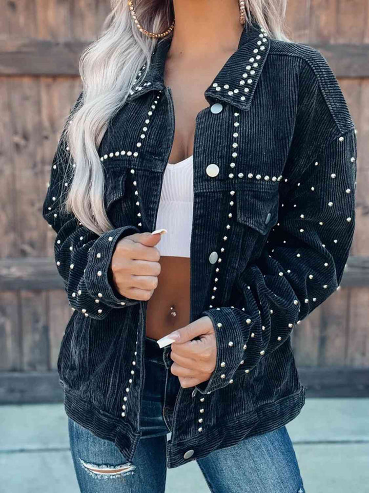 Studded Collared Neck Button Down Jacket Black