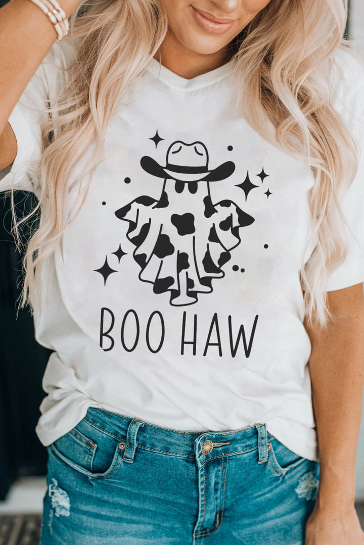 V-Neck Short Sleeve BOO HAW Ghost Graphic T-Shirt White