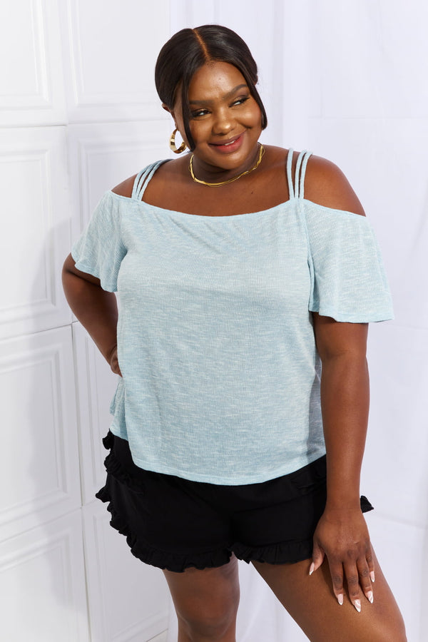 Culture Code On The Move Full Size Off The Shoulder Flare Sleeve Top in Ice Blue Pastel Blue