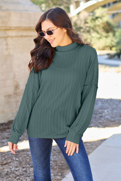Basic Bae Full Size Ribbed Exposed Seam Mock Neck Knit Top Teal