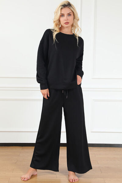 Double Take Full Size Textured Long Sleeve Top and Drawstring Pants Set Black
