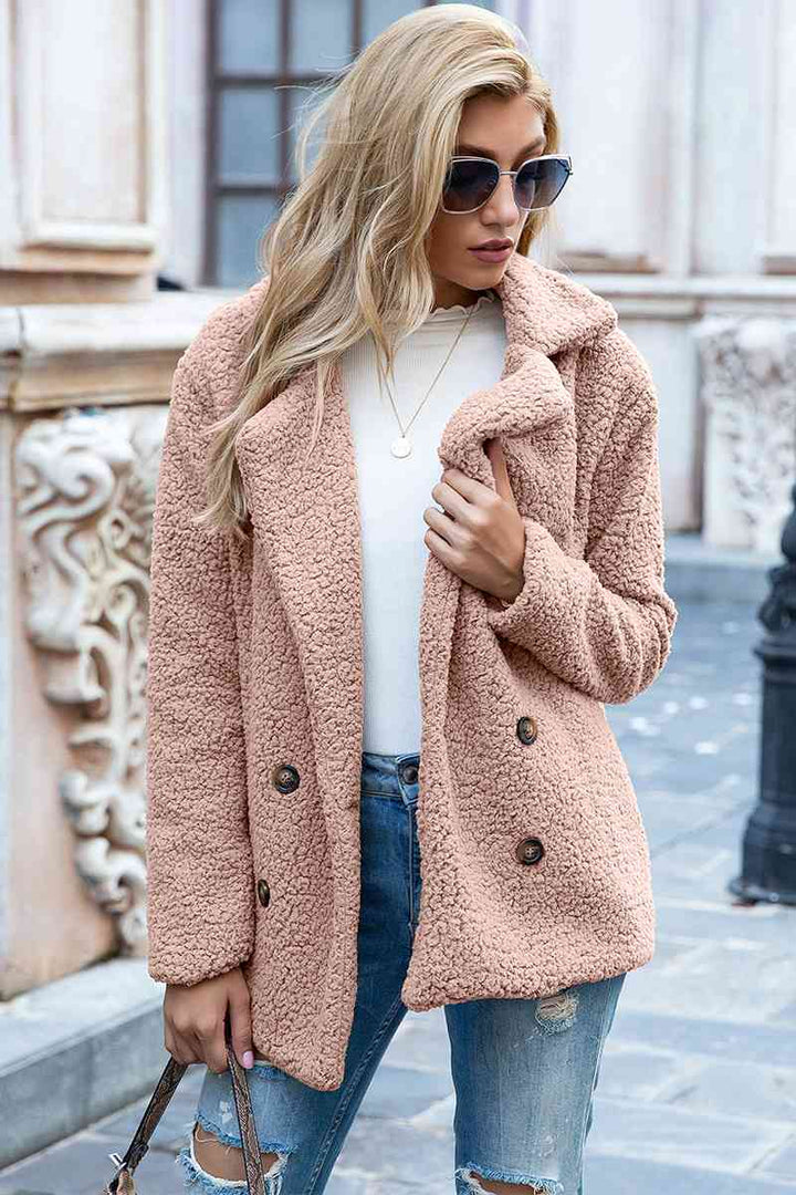 Full Size Lapel Collar Sherpa Coat Dusty Pink
