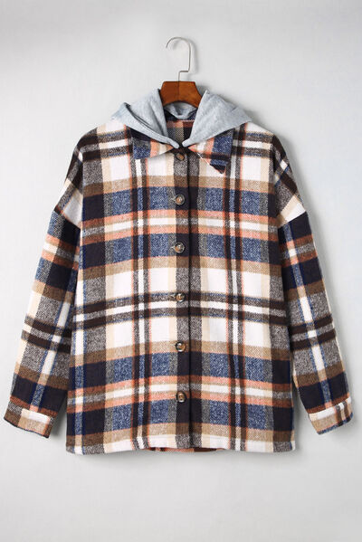 Button Up Plaid Hooded Jacket Royal Blue