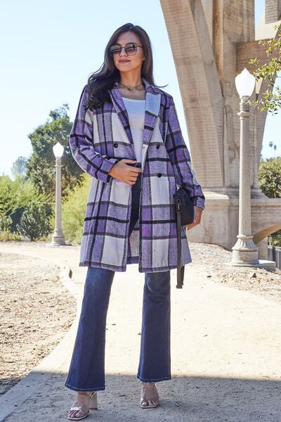 Double Take Full Size Plaid Button Up Lapel Collar Coat Violet