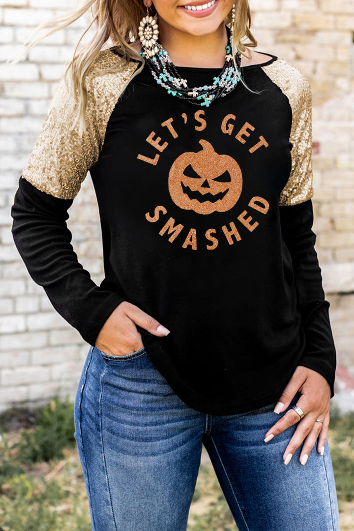 Graphic Sequin Long Sleeve Top Black