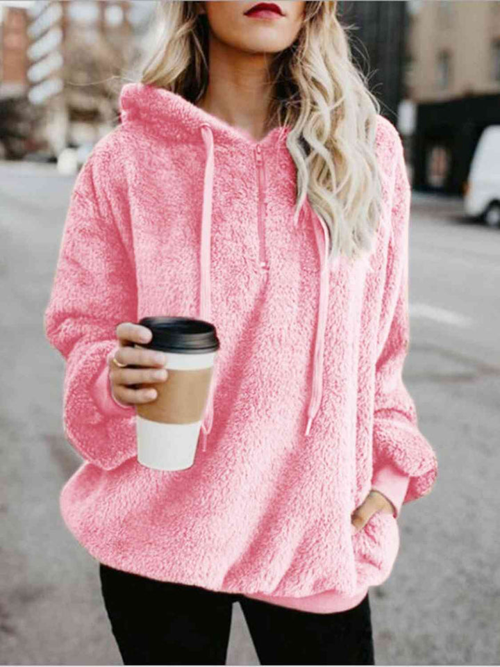 Quarter-Zip Drawstring Teddy Hoodie Blush Pink