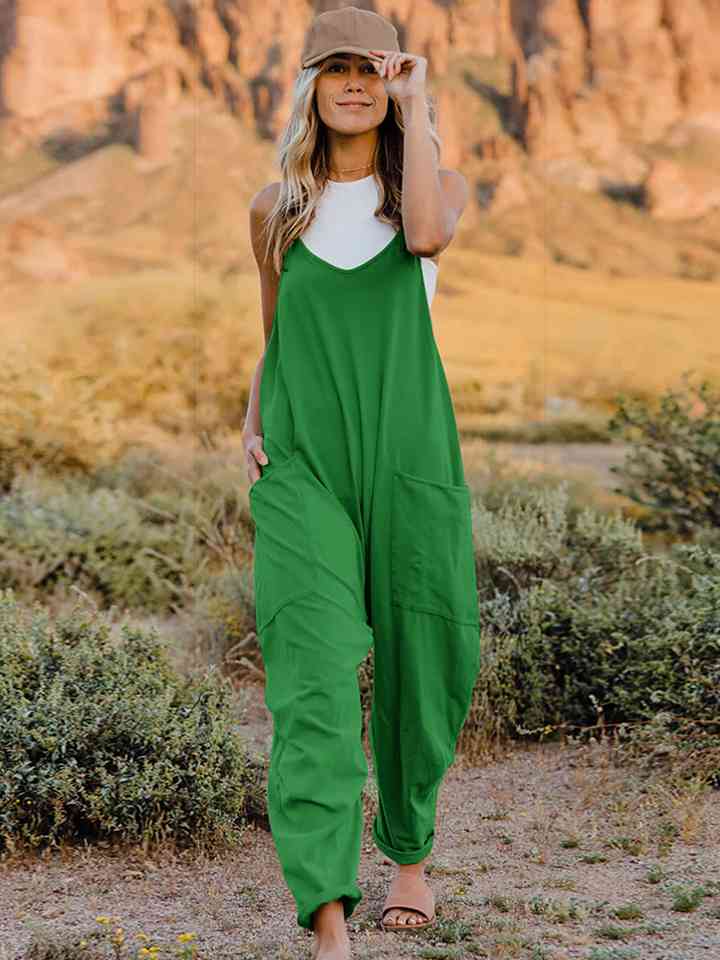 Double Take Full Size Sleeveless V-Neck Pocketed Jumpsuit Mid Green