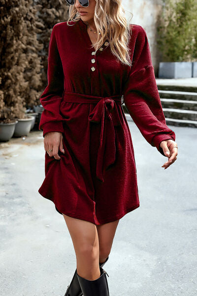 Notched Tie Waist Dropped Shoulder Mini Dress Deep Red